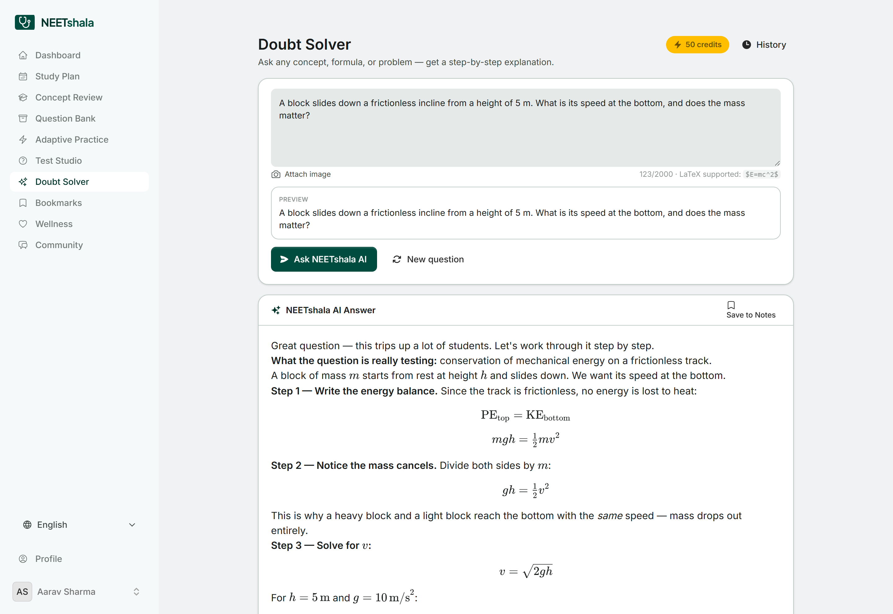 NEETshala AI doubt solver streaming a step-by-step solution to a Physics question