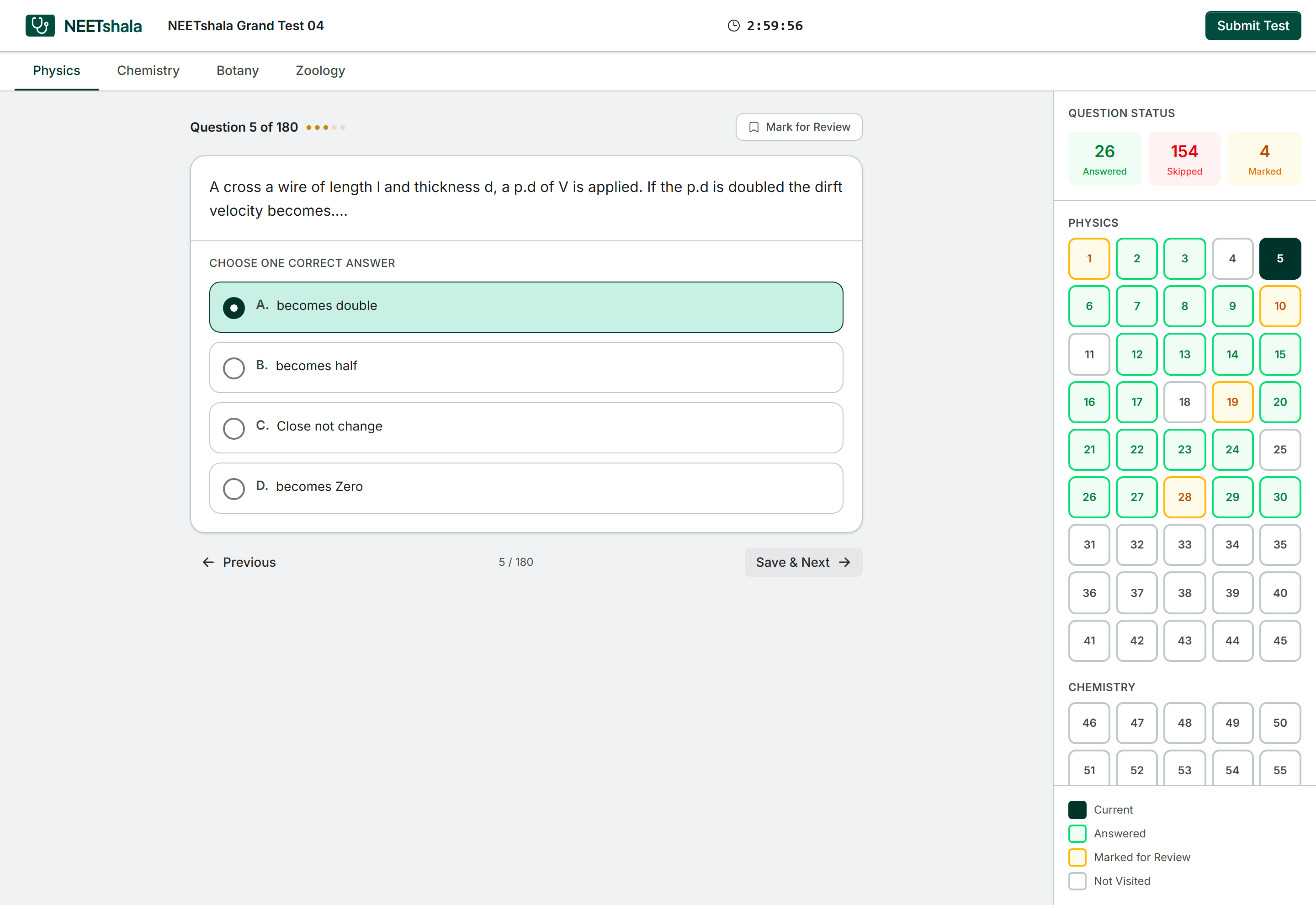NEETshala mock test screen with question palette, countdown timer and a Physics question